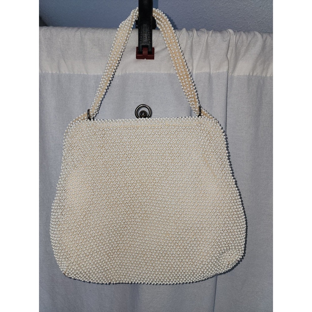 Vintage 50s CORDE BEAD Lumured White Pink Beaded Handbag‎ bridal